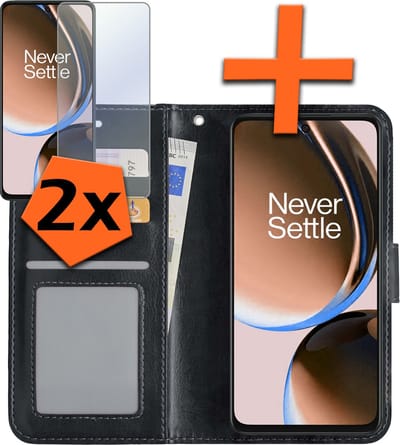 Hoes - Met 2x Screenprotector - Geschikt voor OnePlus Nord CE 3 Lite - Luxe Pasjeshouder - Bookcase Portemonee - Flip Case - Kunstleer Book Case - Flipcase Hoes - Book Cover - Walletcase - PortemonneeHoes - Zwart
