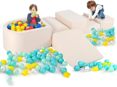 COSTWAY 5-delige schuimbouwstenen, reuzenbouwstenen met ballenbad, grote bouwstenen om te ravotten en te klimmen, klimblokken, zachte bouwstenen voor speelkamer, kinderkamer (beige)