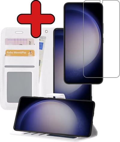 Hoesje - Met Screenprotector - Geschikt voor Samsung Galaxy S23 - Luxe Pasjeshouder - Flipcase - Bookcase Portemonee - Flip Case - Kunstleer Book Case - Book Cover - Walletcase - Portemonneehoes - Telefoonhoes - Wit