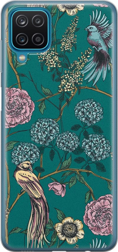 Hoesje geschikt voor Samsung Galaxy A12 - Vogels Japanse bloemen - Soft Case - TPU - Bloemen - Blauw - Mooie Telefoonhoesjes