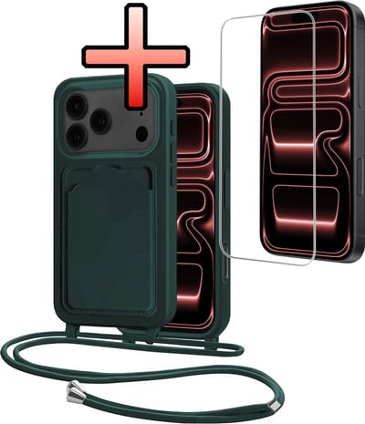 Hoes Geschikt voor iPhone 17 Pro Max Hoesje Pasjeshouder Cover Met Koord Case Siliconen Hoes Met Telefoonkoord en Kaarthouder Met Screenprotector - Donkergroen