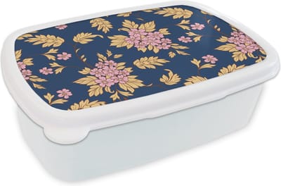 Broodtrommel Wit - Lunchbox - Brooddoos - Bloesem - Bladeren - Roze - Goud - Patronen - 18x12x6 cm - Volwassenen