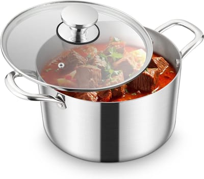 Grote Soeppan 24 cm - 5.3 L Inductie Kookpan van 3-Laags RVS met Glazen Deksel voor Vlees en Stoofgerechten