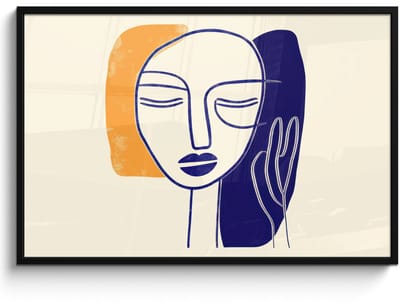 Poster in lijst - Fotolijst 120x80 cm - Posters - Minimalistisch - Gezicht - Hand - Oranje - Blauw - Posterlijst zwart - Decoratie - Wanddecoratie woonkamer - Muurdecoratie slaapkamer