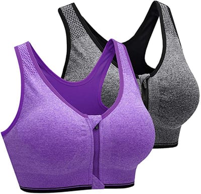 JeiibrZui Sportbeha's Voor Dames - Sportbeha Met Rits Aan De Voorkant - Gekruiste Bandjes/Ademend Materiaal - 2 Stuks - High Impact Training Grijs+Fuchsia