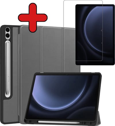 Hoesje - Geschikt voor Samsung Galaxy Tab S9 FE Plus - Met Screenprotector - Trifold Bookcase Hoes - Hard Cover Case - Met Uitsparing Geschikt voor S Pen - Hardcover Book - Tablethoes - Grijs