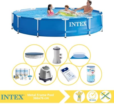 Intex Rond Frame Zwembad - 366 x 76 cm - Blauw - Inclusief Pomp - Afdekzeil - Onderhoudspakket - Filter - Grondzeil - Zoutwatersysteem - Zwembadzout - 8-delig