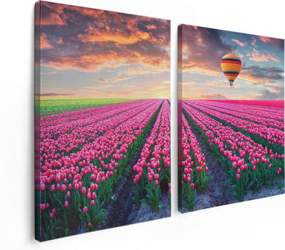 Artaza Canvas Schilderij Tweeluik Bloemenveld Met Roze Tulpen - Luchtballon - 120x80 - Foto Op Canvas - Canvas Print