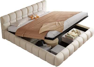 Wishdor Gestoffeerd Bed 180 x 200 cm – Hydraulische Opbergruimte – LED-Strip met App-Bediening – Zacht Fluweel – Doorgestikt Hoofdbord – Verzonken Matraspositie – Geschikt voor Luxe Moderne Slaapkamer – Fluweel, Multiplex en MDF – Beige