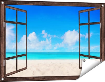 Gards Tuinposter Doorkijk Strand en Zee met Helder Witte Zand - 90x60 cm - Tuindoek - Tuindecoratie - Wanddecoratie buiten - Tuinschilderij