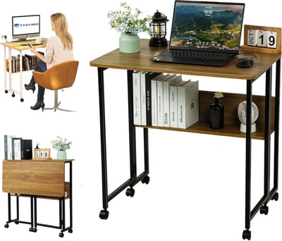 Goodivery ® Bureau Opvouwbare Tafel met Wielen voor Kleine Ruimtes, Houten Materialen, Stalen Frame