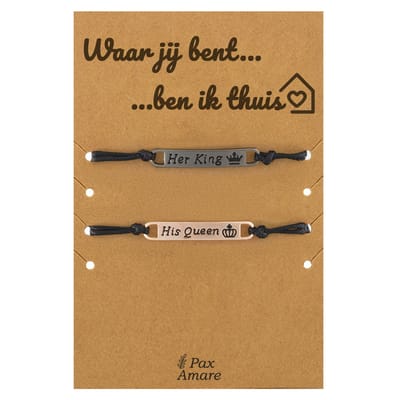 Koppel Armbandjes voor 2 "Waar jij bent, ben ik thuis" - Her King, His Queen - Vriendschapsarmbandjes met Liefdevol Cadeau Kaartje - Rosé Goud & Zwart - Elastisch Verstelbaar - Pax Amare