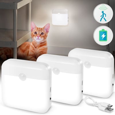Rosnek 3 Stuks Oplaadbare Draadloze Nachtlamp met Bewegingssensor - Dag & Nacht Sensor - Wit - Magnetisch & Plakbaar - Voor Kast, Trap, Slaapkamer