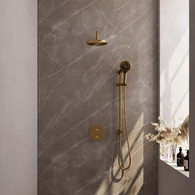 Brauer Gold Edition thermostatische inbouw regendouche 3-weg rond SET 93 met 20 cm douchekop en gebogen muurarm en 3-standen handdouche en doucheslang en geïntegreerde glijstang goud geborsteld PVD