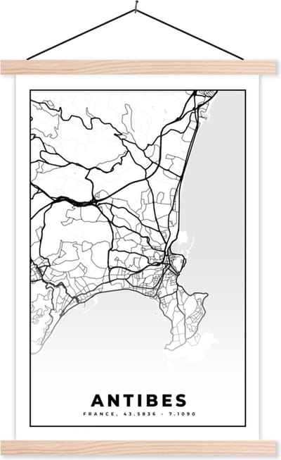 Posterhanger incl. Poster 40x60 cm - Schoolplaat - Kaart - Plattegrond - Antibes - Frankrijk - Stadskaart - Zwart wit - Textielposter - Blanke latten - Stadskaart
