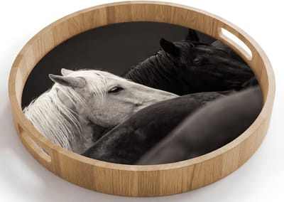 Dienblad rond 40x40 cm - Schootdienblad hout - Paarden - Zwart - Wit - Kudde - Borrelplank rechthoek - Plateau houten dienbladen