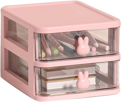 Multi-tier Transparante Opbergdoos met Lades voor Kantoorbenodigdheden - Grote Capaciteit met Konijnenhandvat (Roze, 2 Lagen, 13.5x17x11cm) - Ideaal voor Organisatie en Ruimtebesparing