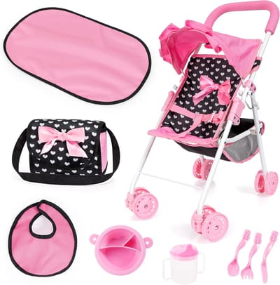 Opvouwbare Poppenbuggy - Poppenwagen Speelgoed - Poppen Verzorgen - Inclusief Accessoires - 29.5 x 14 x 47.5 cm