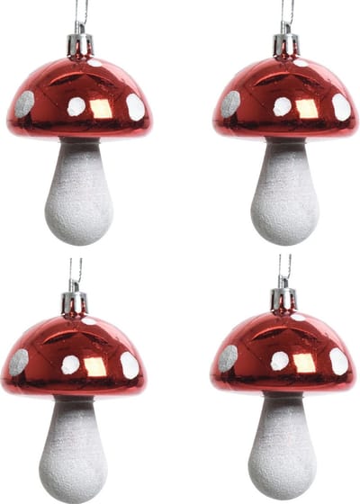 Decoris Kersthangers - 4x - rood - paddenstoelen - 7 cm - kerstversiering - Rode kerstversiering/boomversiering