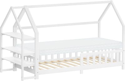 Kinderbed huisbed 90x200 cm wit gemaakt van grenenhout incl. matras H-10cm uitvalbeschermend plankdak en lattenbodem ML-Design