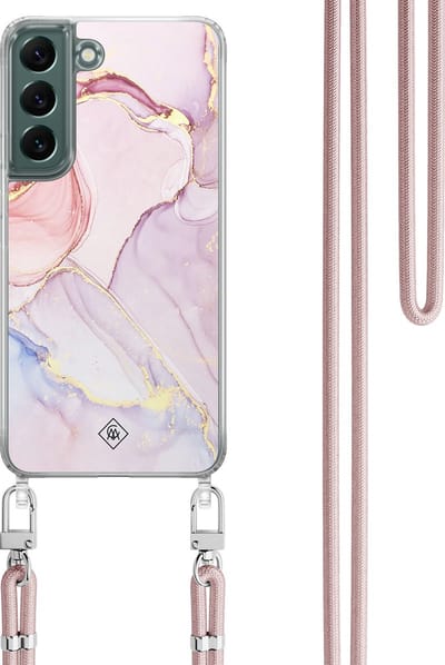 Casimoda® hoesje met koord - Geschikt voor Samsung S22 - Marmer roze paars - Afneembaar koord - TPU/polycarbonaat - Paars