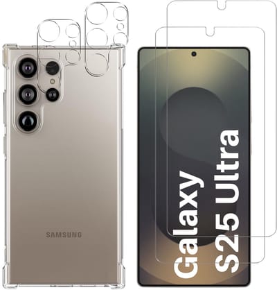 Hoesje geschikt voor Samsung Galaxy S25 Ultra backcover Shockproof siliconen Transparant + 2 stuks Screenprotector Gehard Glas + 2 stuks Camera Protector