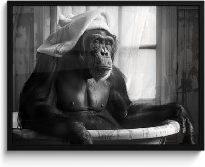 Poster in lijst - Fotolijst 80x60 cm - Posters - Aap - Dier - Bad - Zwart - Wit - Humor - Posterlijst zwart - Wanddecoratie badkamer - Muurdecoratie WC - Decoratieve accessoires - Toilet muur decoratie