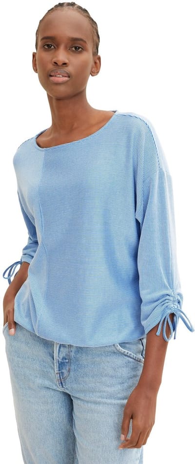 Tom Tailor Denim - Loose fit T-shirt met lange mouwen en gerimpelde mouwen - Maat XXL - small mid blue white stripe