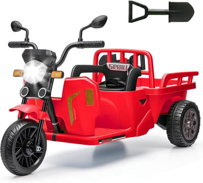 Elektrische Kindermotor met Aanhanger en Schep - 12V Accu Voertuig voor Kinderen - met Afstandsbediening, Bluetooth, LED Verlichting en Muziek - Driewieler - 3 tot 6 Jaar - rood