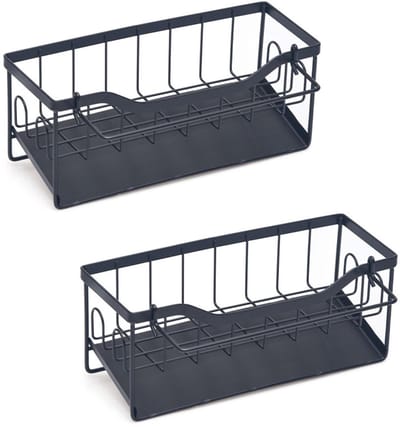2-stuks Keukenrek - Keukenopbergrek - Afdruiprek - Opbergrek voor de gootsteen - Keukengerei - Koolstofstaal - 24x9x10cm - Geschikt voor het opbergen van sponzen, borstels, afwasborstels en zeepflessen - Zwart