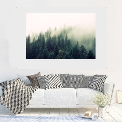 Allernieuwste.nl® Canvas Schilderij Mistig Noors Bos - Bos in de Mist - Kunst aan je Muur - Realistisch - kleur - 50 x75 cm