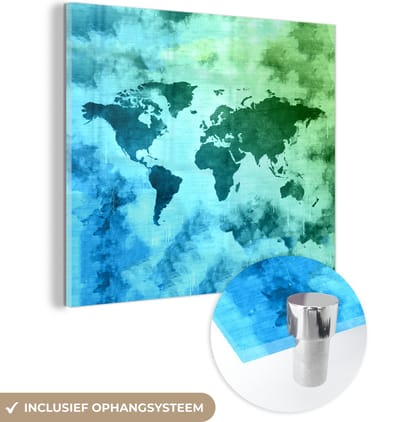 ® Glasschilderij 90x90 cm - Schilderij acrylglas - Wereldkaart - Rook - Blauw - Foto op glas - Muurdecoratie woonkamer - Wanddecoratie slaapkamer - Schilderijen