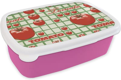 Broodtrommel Roze - Lunchbox - Brooddoos - Tomaat - Patronen - Fruit - Vintage - 18x12x6 cm - Kinderen - Meisje