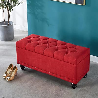 Opbergbank Poef - Zitbank Linnen - Ruimte Besparen - Verborgen Opbergruimte - 60x40x45cm - Rood