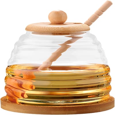 Ynkkvre -Honingpot van Borosilicaatglas met Houten Deksel & Lepeltje – 500 ml