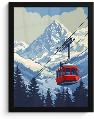 Poster in lijst - Fotolijst 30x40 cm - Posters - Kabelbaan - Sneeuw - Berglandschap - Posterlijst zwart - Decoratie - Wanddecoratie woonkamer - Muurdecoratie slaapkamer