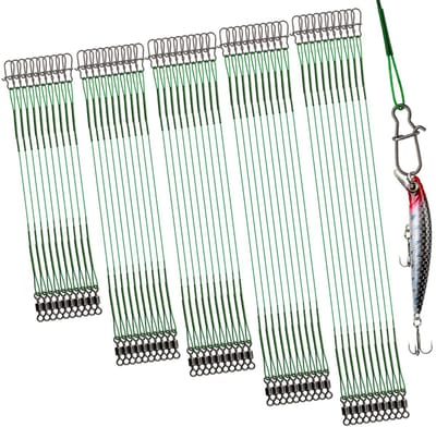 Dailygoods - DONQL 50 stuks stalen voorvakken, voor snoekvissen, set met wervels en karabijnhaak, 5 maten voorvak, 10/15/20/25/30 cm, roestvrij staal, visaccessoires, bijtbestendige stalen voorvakken voor zout