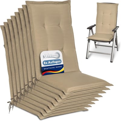 Beautissu Loft HL Set 8 x Tuinkussens Hoge Rug- 120 x 50 cm - Natuur Kussen - Zitkussen UV- Lichtecht Tuinstoelkussen