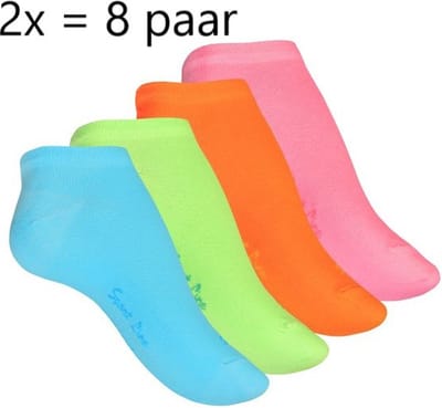 8 paar sneakersokken felle kleuren maat 35/38 mix blauw,groen,roze en oranje