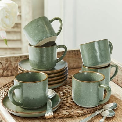 LOBERON Kopje en schoteltje set van 6 Biarré turquoise/bruin