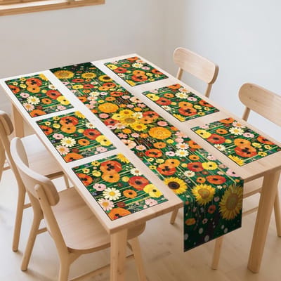 Olieverfschilderij Bloemen Tafelloper en Placemats Set van 6, Lente Zomer Abstracte Bloem Keuken Eettafel Matten Moderne Kunst Eetinstellingen voor Thuis Keuken Tafels Bescherming