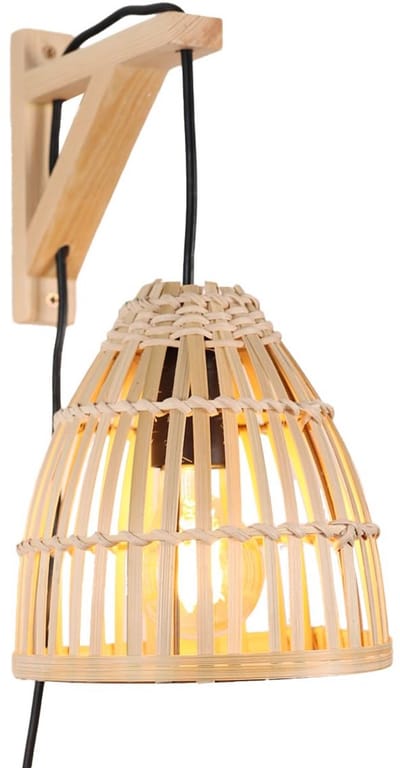 Wandlamp met Bamboe Rotan Kap en Houten Basis voor Slaapkamer en Woonkamer