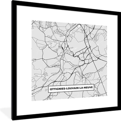 Fotolijst incl. Poster Zwart Wit- Stadskaart – Zwart Wit - Kaart – Ottignies Louvain la Neuve – België – Plattegrond - 40x40 cm - Posterlijst
