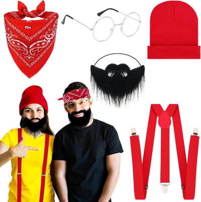 Halloween Kostuum Set voor Mannen met Zilveren Bril, Rode Turban, Meloen Hoed, Ceintuursluiting en Valse Baard - Ideaal voor Feestjes en Cadeaus