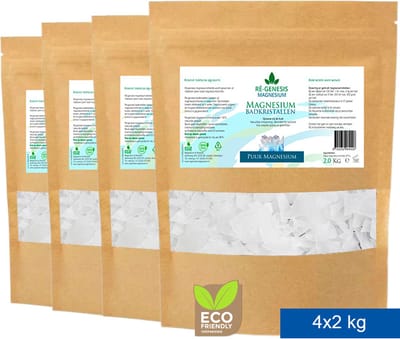 Ré-genesis Magnesium Badkristallen Vlokken - 4x 2 kg Voordeel Set – Badmiddel - Magnesium Badzout – Voetenbad - Stazak - Optimale magnesium opname - Effectief bij huidproblemen