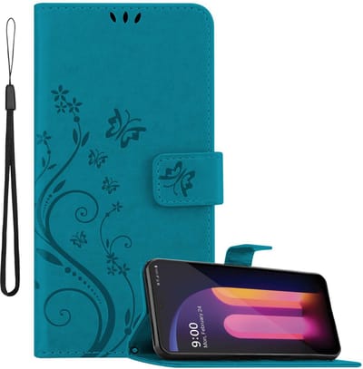 Cadorabo Hoesje geschikt voor LG V60 ThinQ in BLOEMEN BLAUW - Beschermhoes in bloemmotief met magnetische sluiting, standfunctie en kaartsleuven Book Case Cover Etui