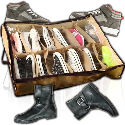 Schoenenopberger Schoenen Organizer Opvouwbare voor 12 Paar Schoenen Schoenenopslag Schoenenzak Multifunctionele Opbergtas Transparant Venster Handgrepen 57x67x14cm Bruin