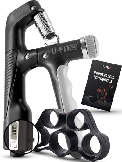 U Fit One Handtrainer 10 tot 100kg met Digitale Teller en Vingertrainer - Verstelbare Handgrip - Handknijper - Onderarm Grip Trainer - Zwart