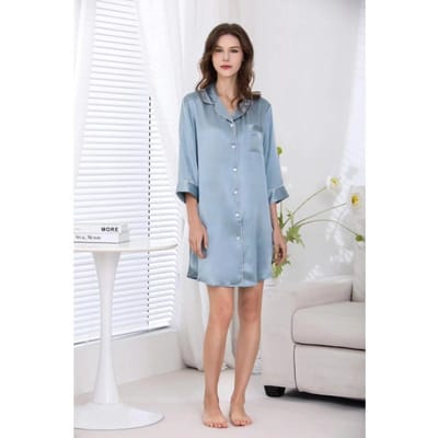 100% Moerbeizijde Jurk Luxe Pure Zijde Effen Kleur Klassiek Knoopsluiting Nachthemd L blauw