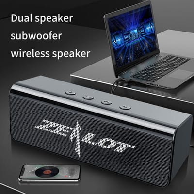Zealot draagbare subwoofer draadloze luidspreker voor buiten, TWS, 1800 mAh batterij, luide stereo, booming bass. Oplaadkabel, Black